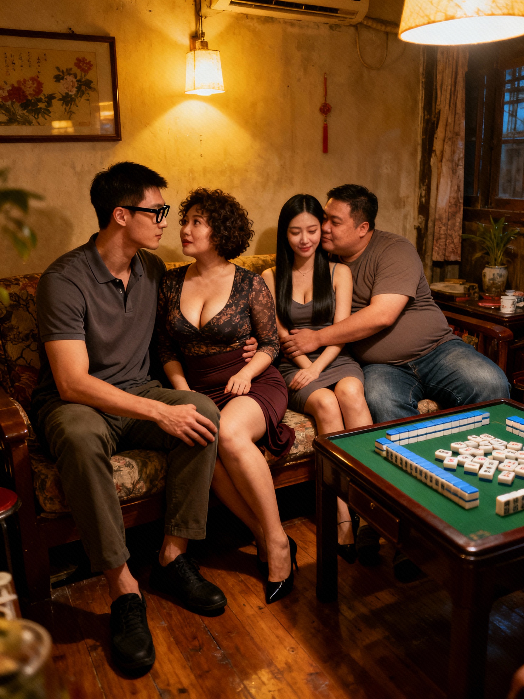 過年老屋麻將夜，芷晴被博凱壁咚心動，語蓉撩逸峰裙底四人擠沙發上床